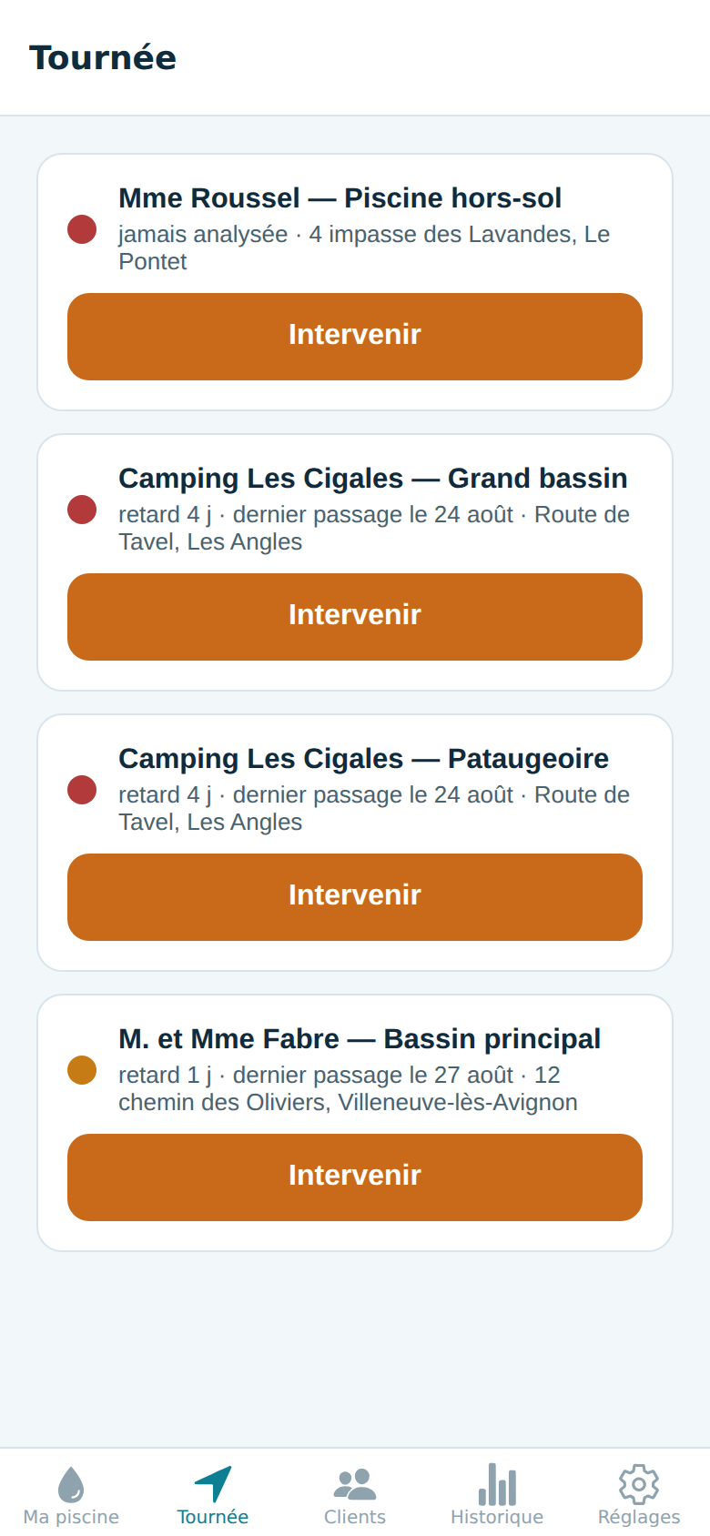 La tournée du jour : bassins triés par retard d'entretien
